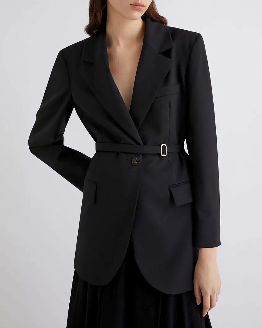 Blazer nero lungo Marella in saglia di misto lana con cintura in vita e scollo a rever