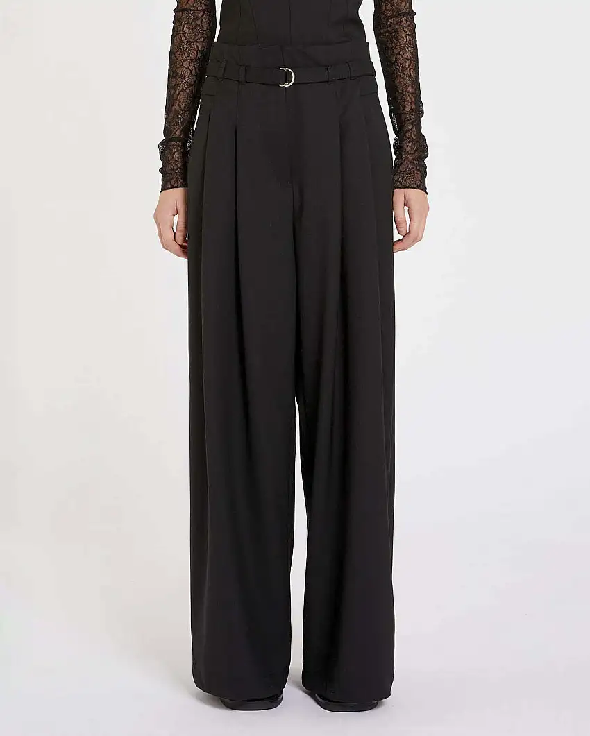 Pantaloni neri ampi a vita alta Marella in tessuto diagonale stretch di misto lana con doppia pinces in vita