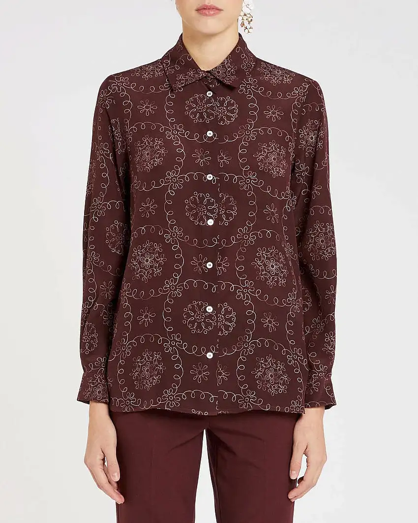 Camicia bordeaux in crêpe de Chine di Seta Marella a fantasia avorio