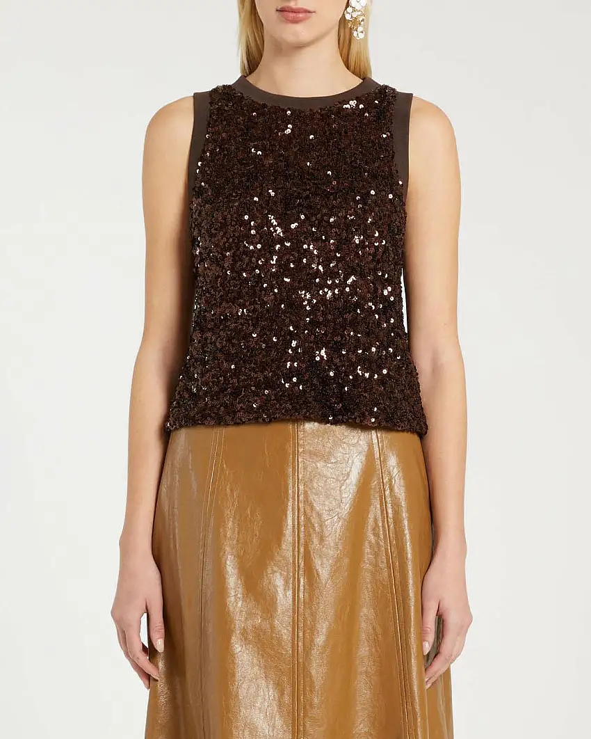 Top marrone Marella in paillettes senza maniche con profili lavorati a costine