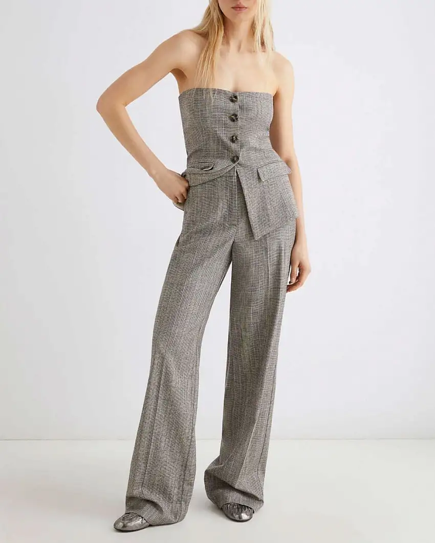 Pantaloni palazzo Marella in principe di Galles in flanella di misto lana con piega stirata fronte e retro