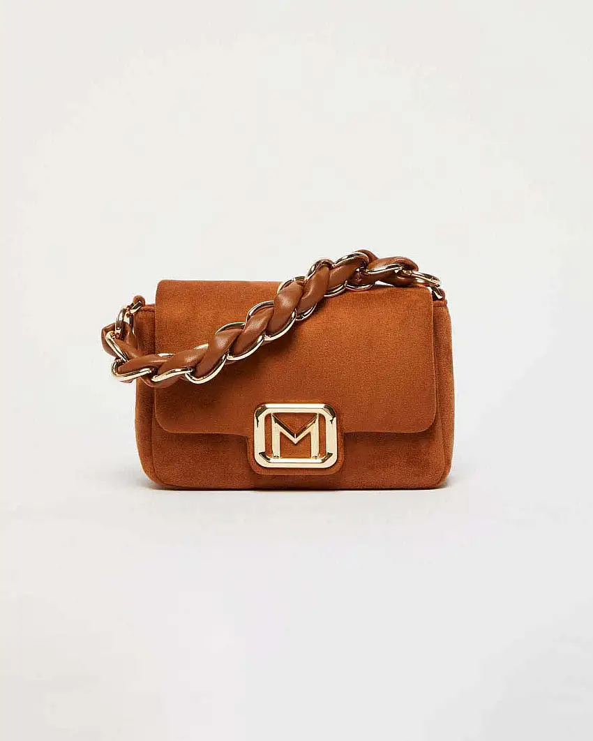 Borsa mini color cuoio in suede Marella con fibbia logo dorata e catena intrecciata