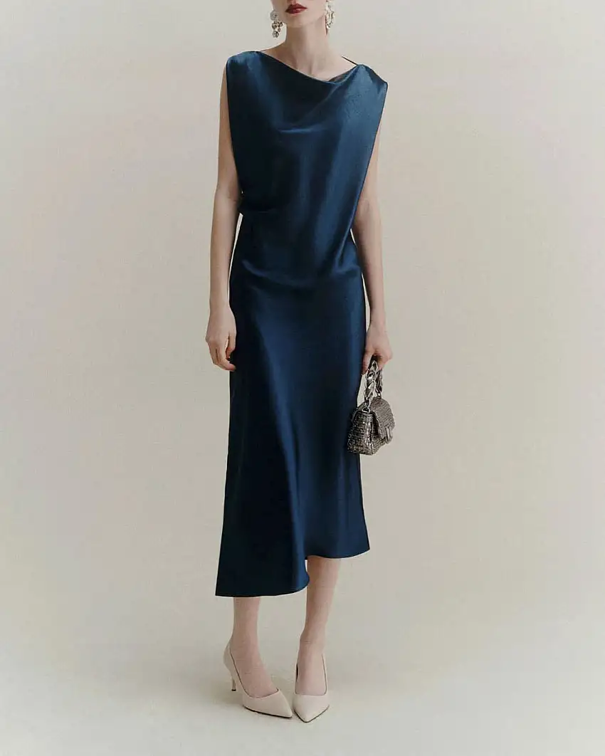 Tubino midi blu Marella in raso con scollo drappeggiato