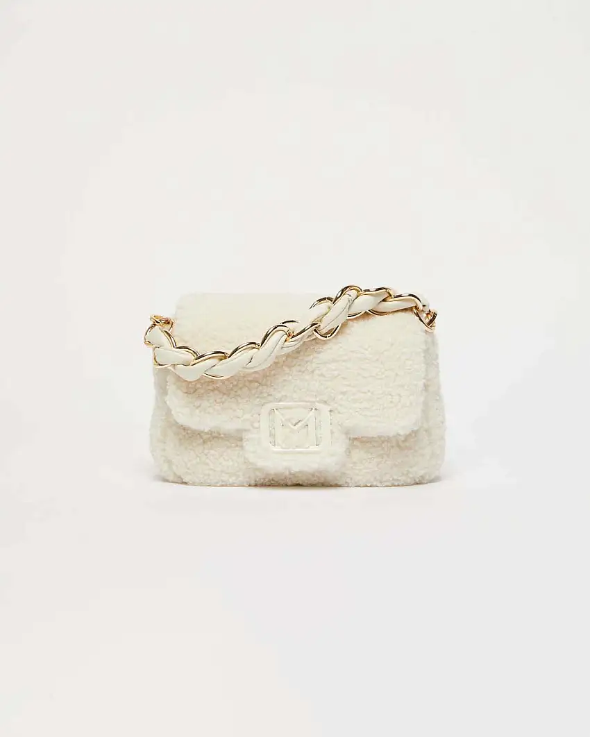 Borsa mini bianca in tessuto furry imbottita Marella con fibbia logo tono su tono