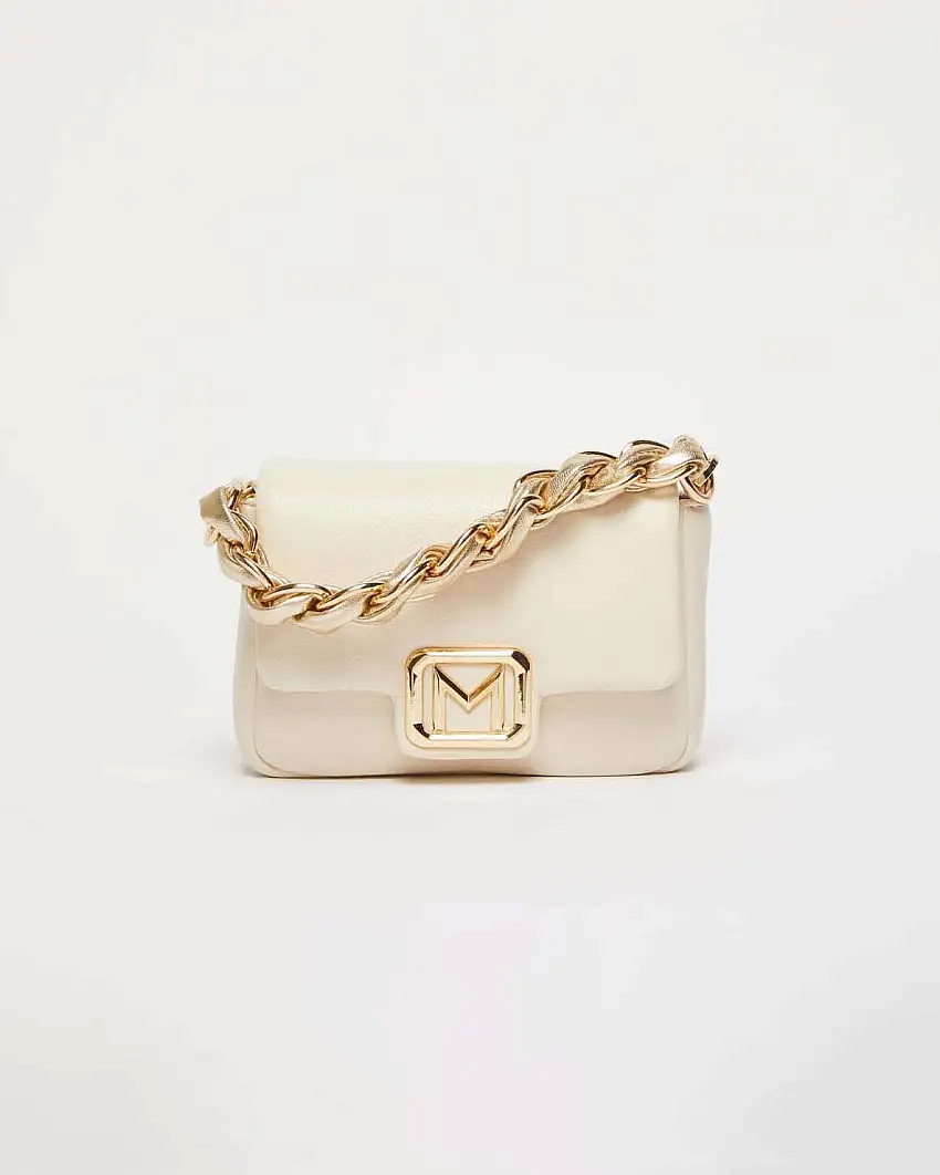 Borsa mini bianca Marella in similpelle liscia con fibbia logo dorata e catena intrecciata