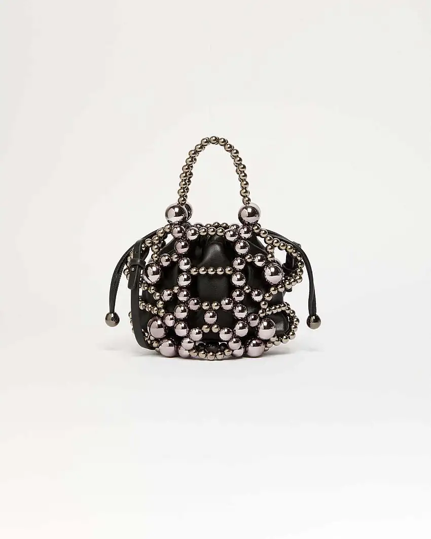 Mini secchiello nero Marella in similpelle con armatura a borchie tonde color piombo