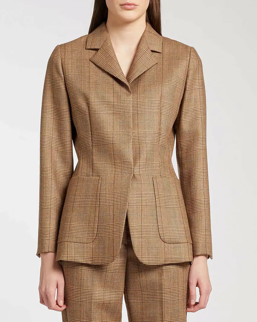 Giacca in pura lana Marella in color cammello a fantasia principe di Galles dalla linea sfiancata