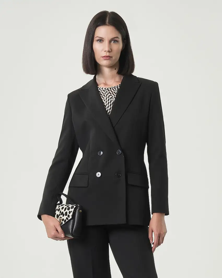 Blazer nero doppiopetto Emme Marella in tessuto diagonale stretch con scollo a rever