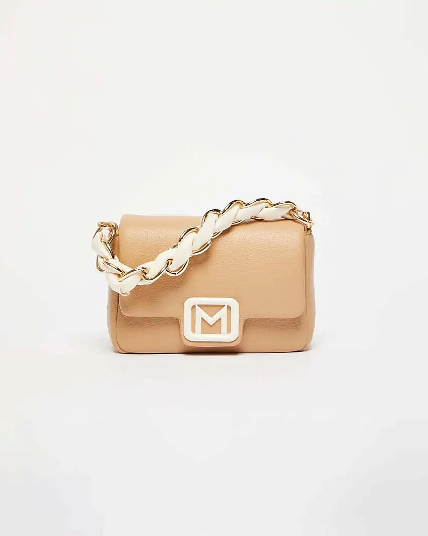 Borsa mini color cammello Marella in similpelle liscia con fibbia logo e catena intrecciata bianche