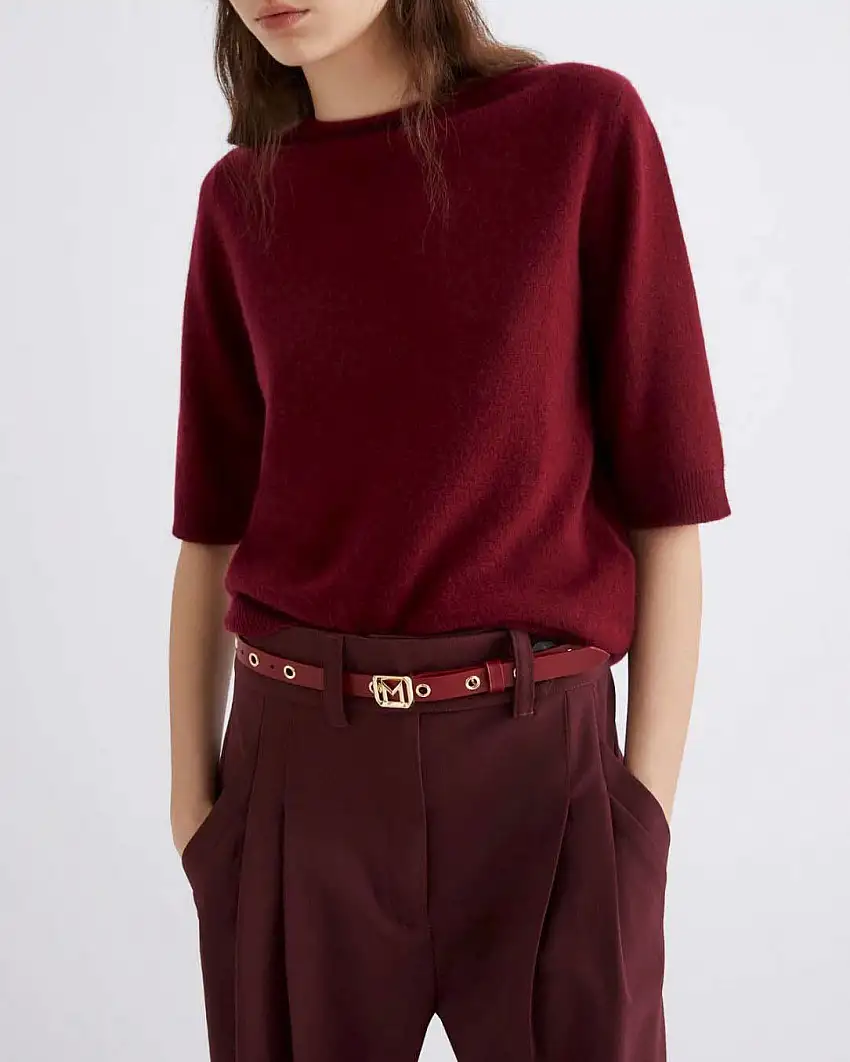 Maglia bordeaux Marella in cashmere a maniche corte con scollo con taglio a vivo