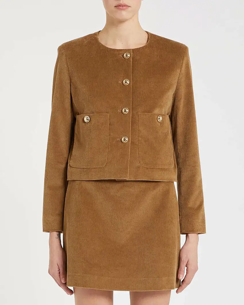 Giacchina colro cammello Marella in velluto a coste con scollo tondo e bottoni dorati a specchio