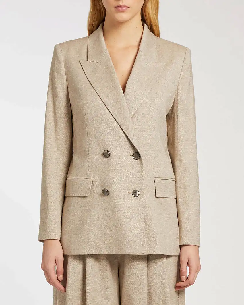 Giacca doppiopetto Marella color sabbia in saglia tinto filo smerigliata di misto Lana