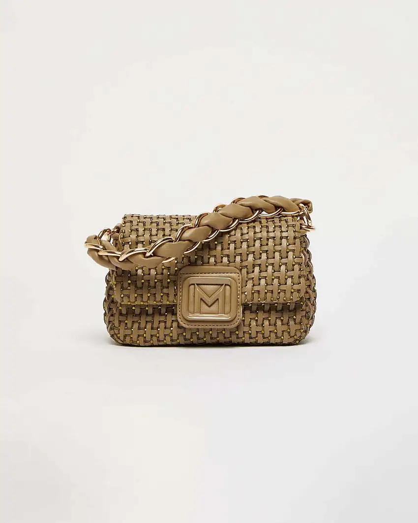 Borsa mini verde militare Marella in similpelle intrecciato con catena a intreccio e patta con fibbia smaltata tono su tono