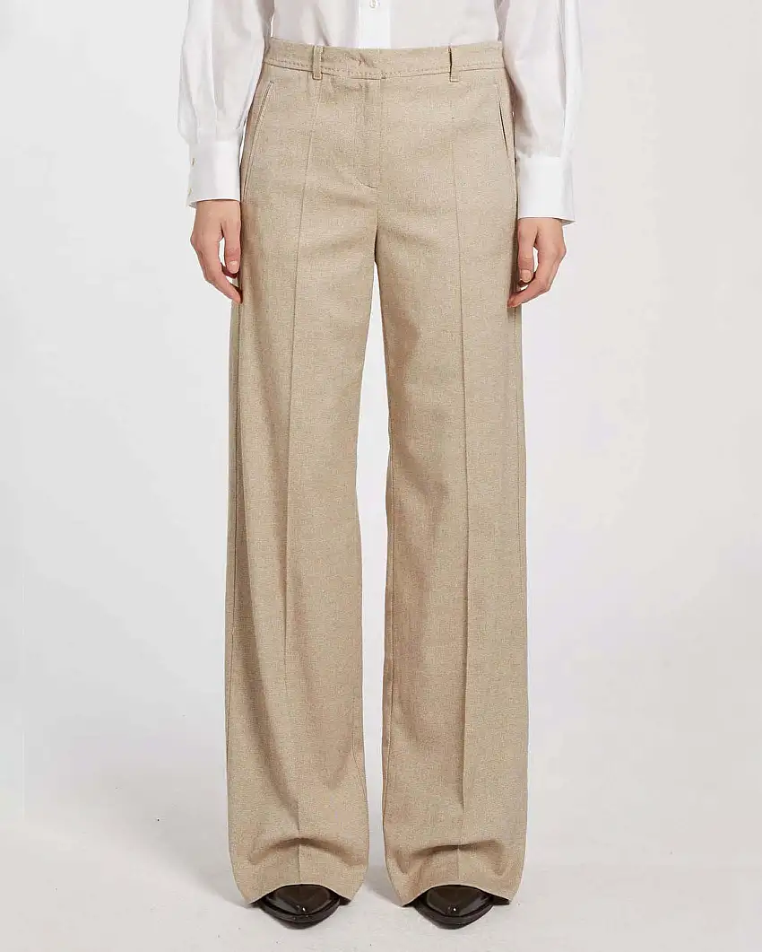 Pantaloni greige Marella in sablé di lana e viscosa stretch dalla linea a palazzo con piega stirata