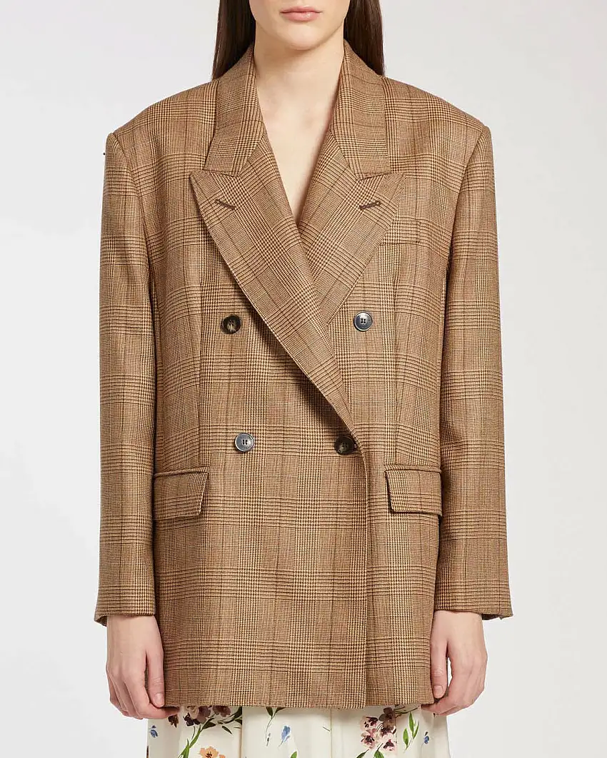 Blazer over in pura lana Marella in color cammello a fantasia principe di Galles con scollo a rever