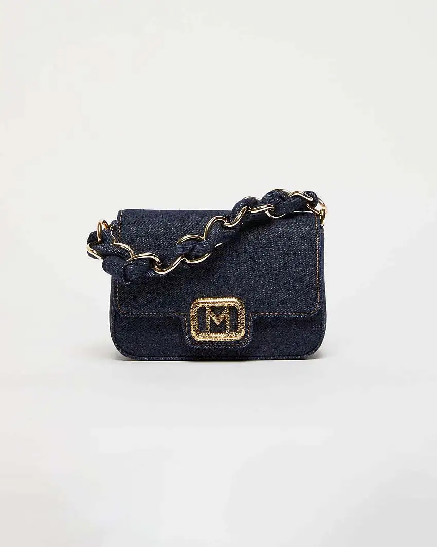 Borsa mini blu in denim Marella con fibbia logo dorata in micro cristalli applicati e catena intrecciata