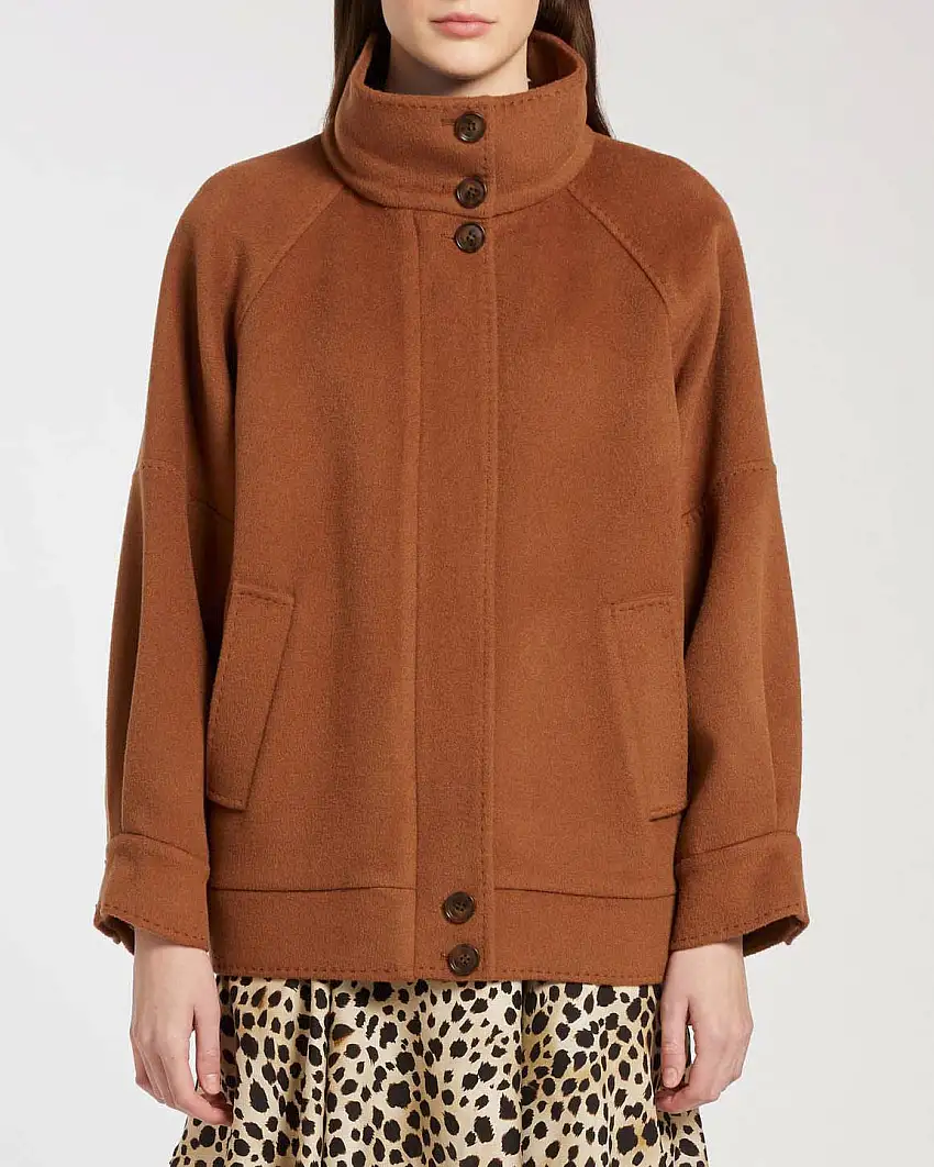 Giaccone color cuoio in double di lana e cashmere Marella con colletto in piedi e maniche raglan