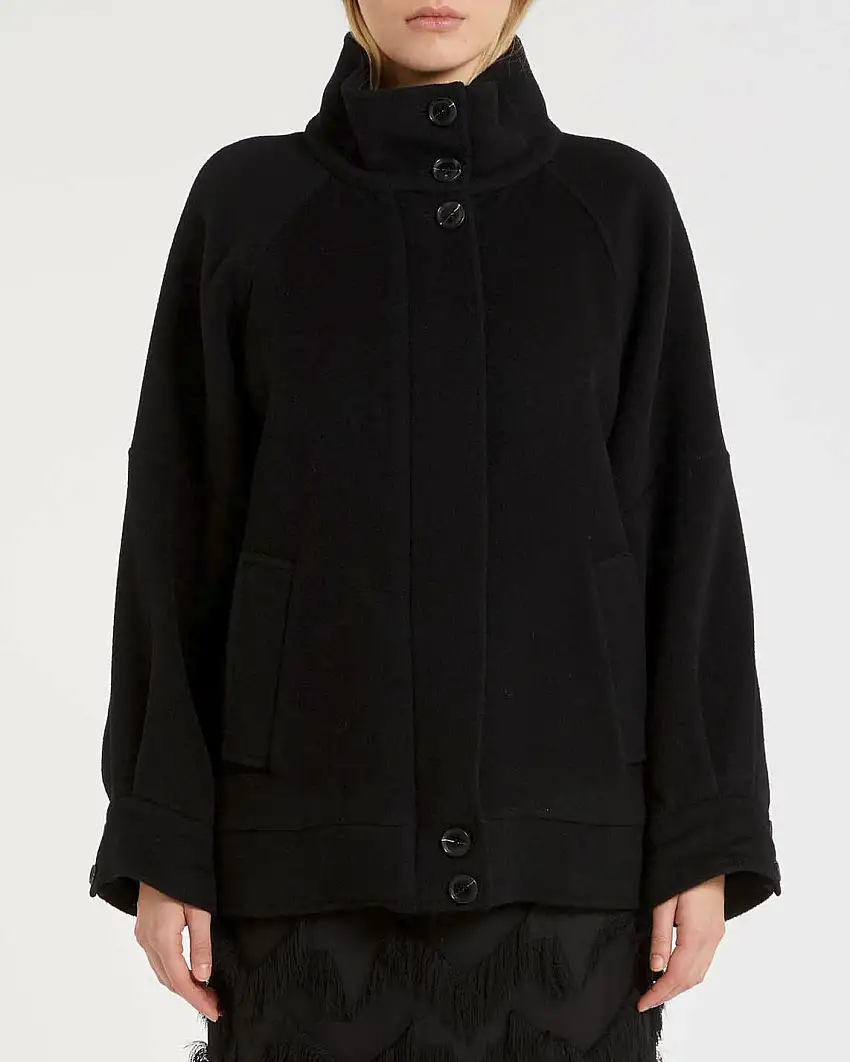 Giaccone nero in double di lana e cashmere Marella con colletto in piedi e maniche raglan