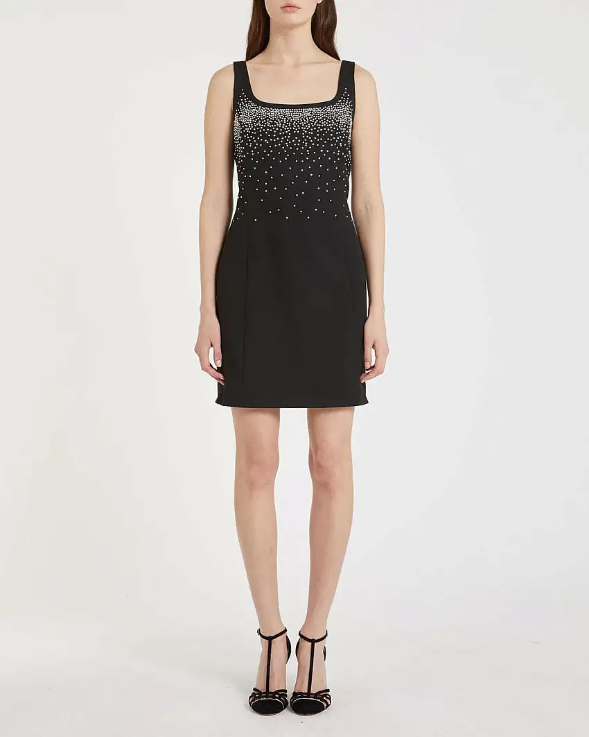 Abito corto nero Marella in misto viscosa senza maniche con ricamo con borchie e strass