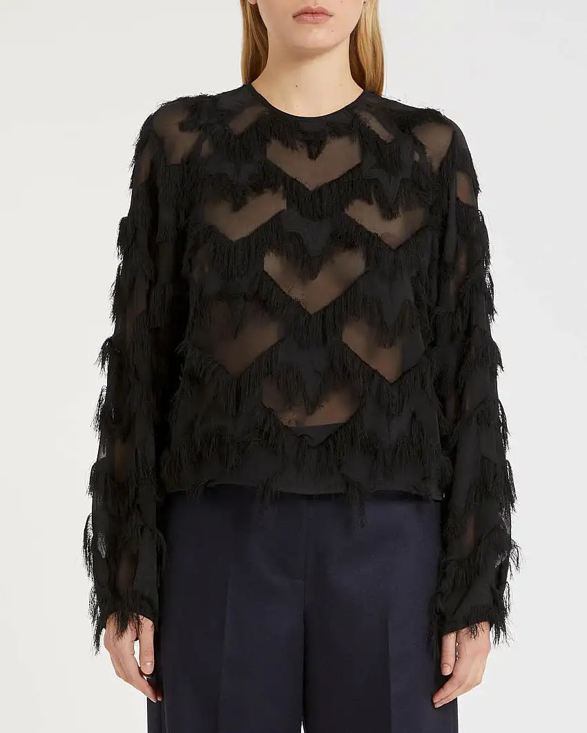 Blusa nera Marella in georgette a motivo a rombi con frange applicate e maniche lunghe