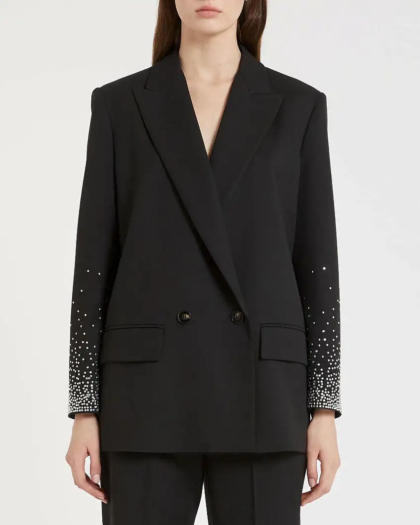 Blazer nero doppiopetto Marella in misto viscosa con ricamo con borchie e strass lungo le maniche