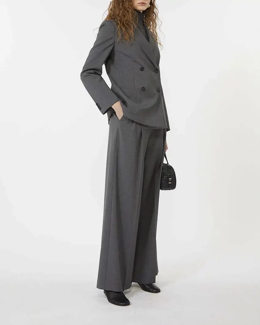 Pantaloni wide grigio antracite Weekend Max mara in tela di pura lana natural stretch con pinces in vita