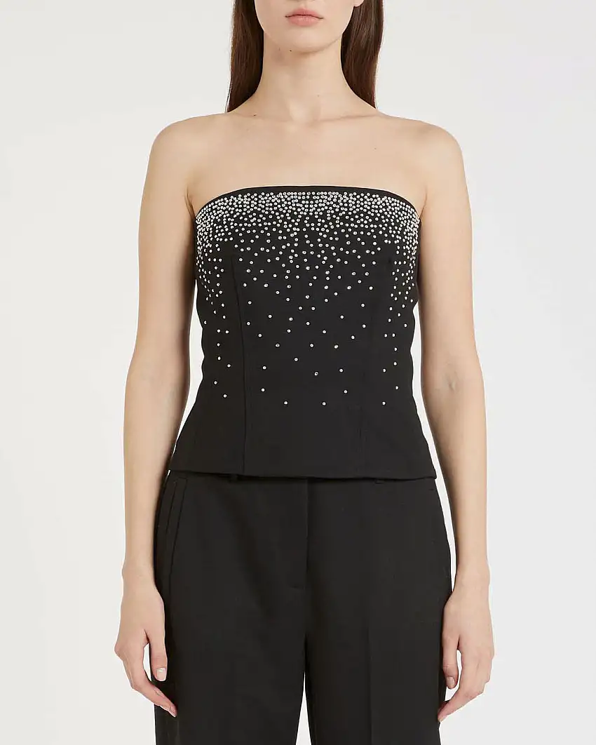 Bustier nero Marella con scollo dritto in misto viscosa con ricamo con borchie e strass