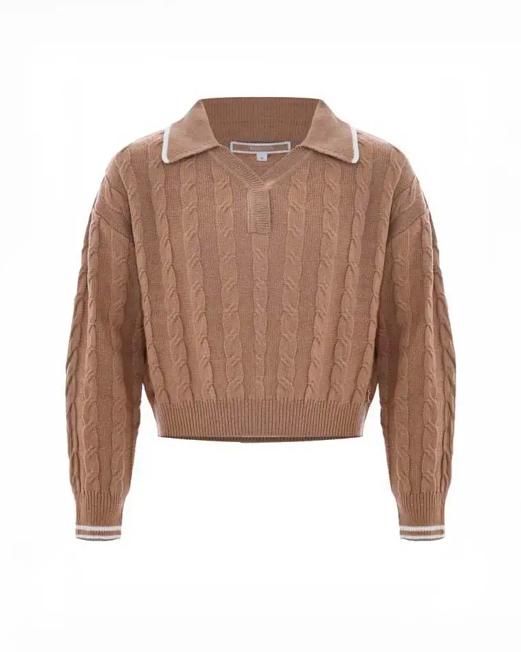 Maglia Kocca cropped cammello in misto lana a trecce con colletto e bordi bianchi
