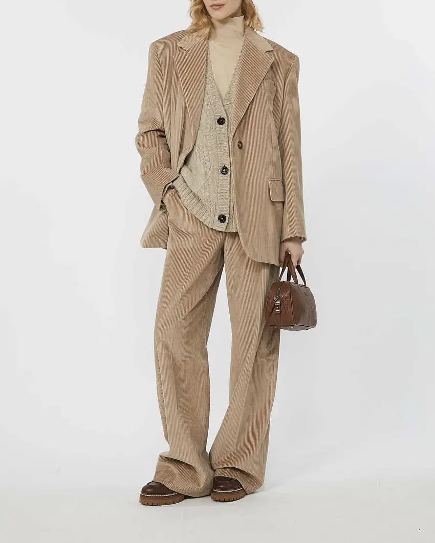 Pantaloni palazzo color sabbia Weekend Max Mara in velluto di puro cotone 350 righe