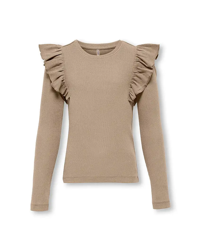 T-shirt a maniche lunghe color panna in cotone stretch a costine con volant sulle spalle 10-14 anni