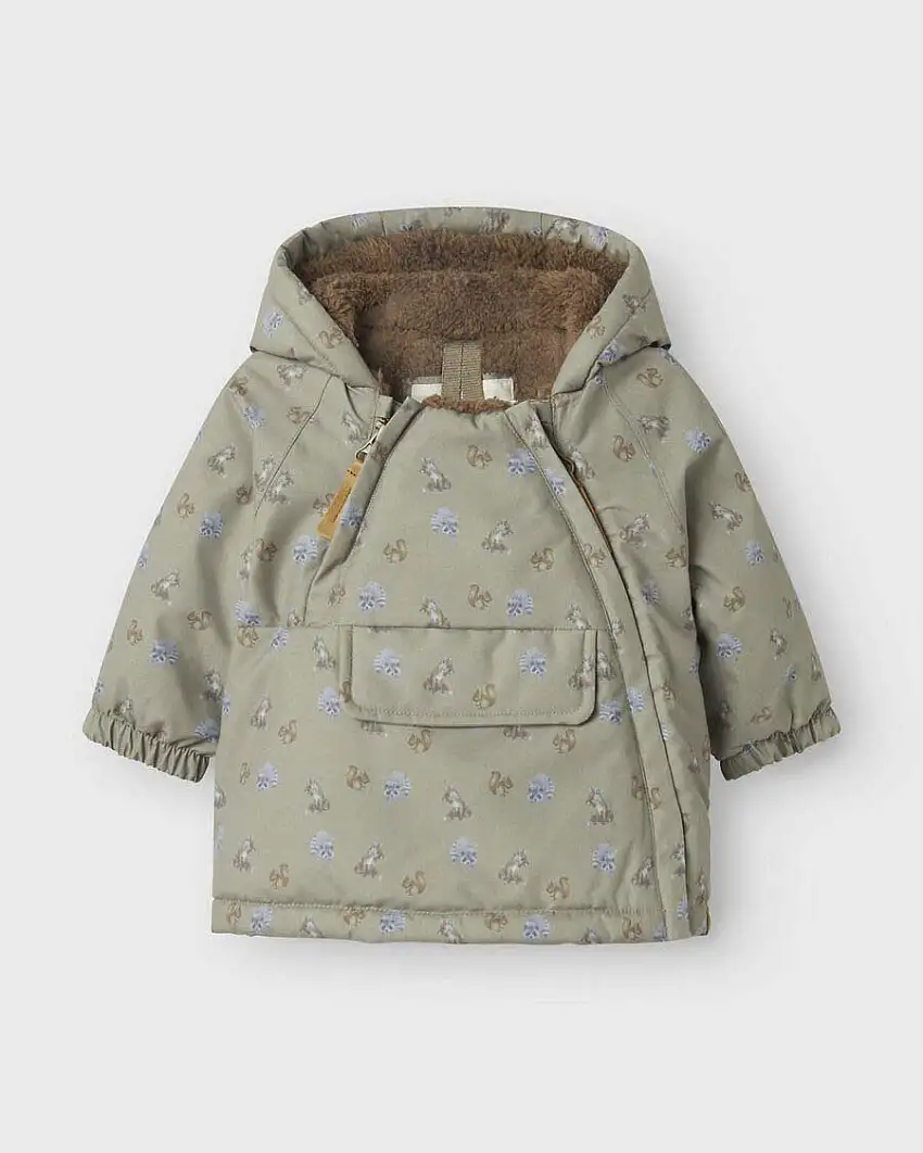 Giacca imbottita Lil'Atelier verde con interno in pelo marrone e fantasia animaletti