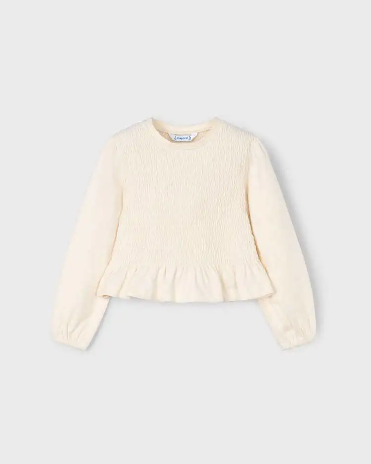 Maglietta Mayoral color panna a nido d'ape a maniche lunghe e volant