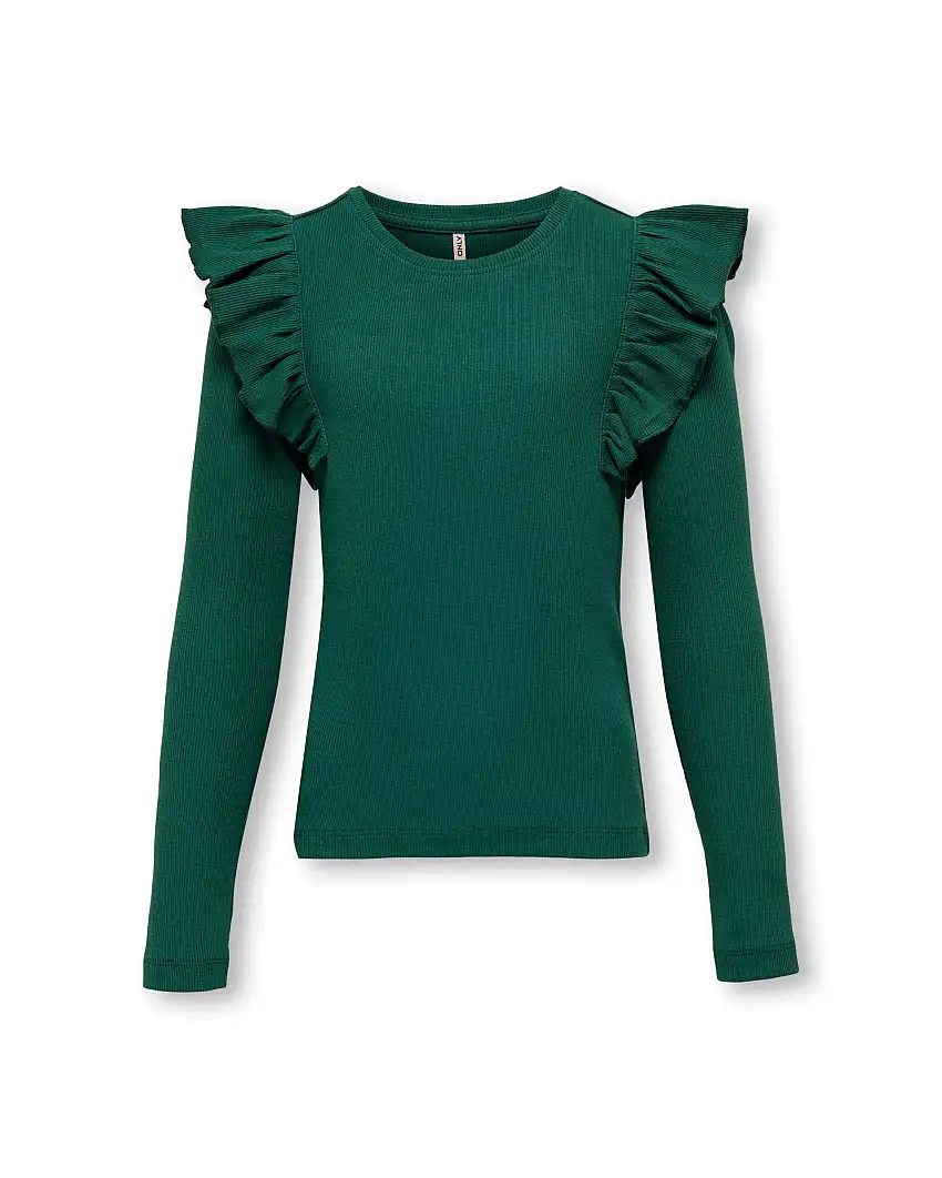 T-shirt a maniche lunghe verde in cotone stretch a costine con volant sulle spalle 10-14 anni