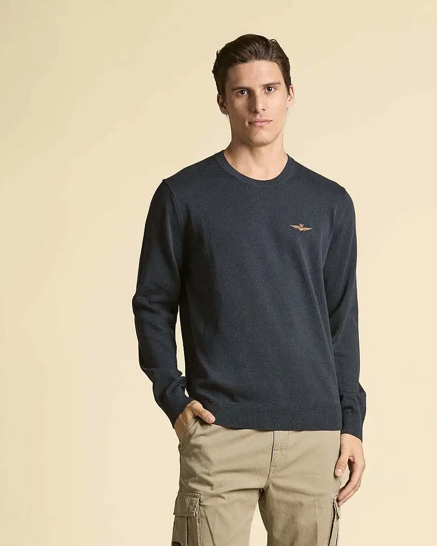 Maglioncino girocollo Aeronautica Militare blu in puro cotone