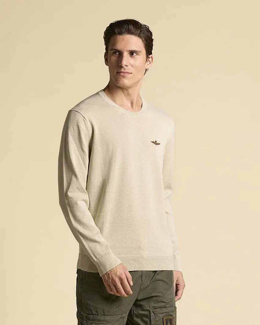 Maglioncino girocollo Aeronautica Militare beige in puro cotone