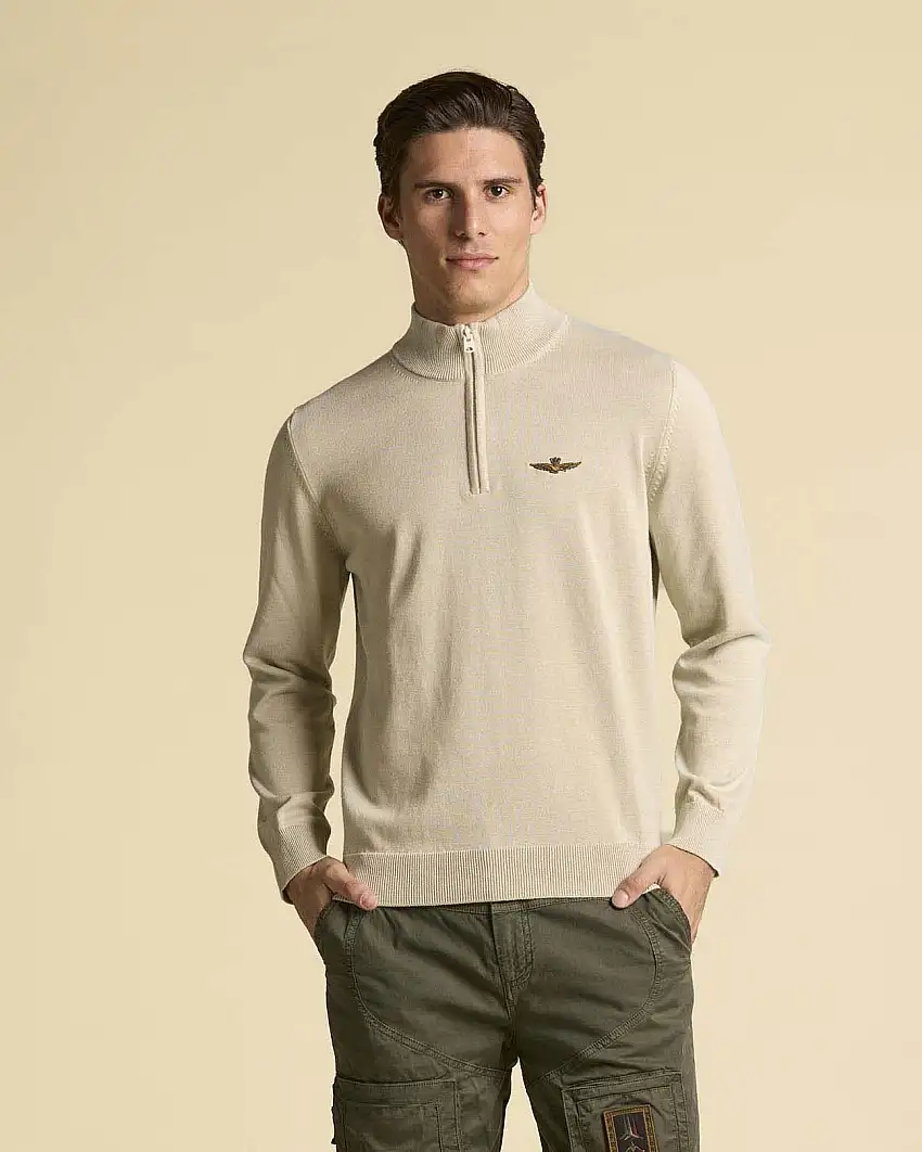 Maglia Aeronautica Militare beige in puro cotone con chiusura a mezza zip