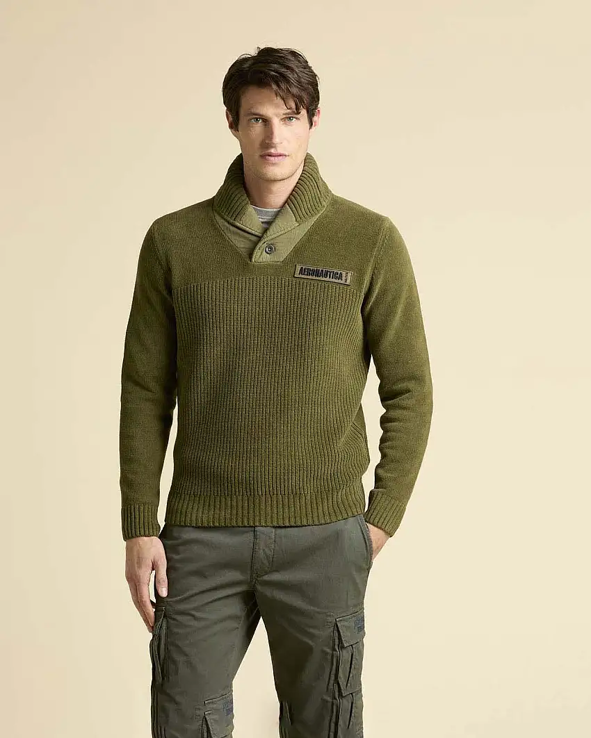 Maglione Aeronautica Militare verde militare in ciniglia con collo a scialle