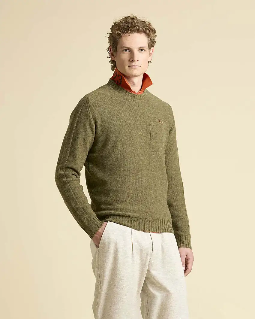 Maglia girocollo Aeronautica Militare verde militare in misto cotone e lana tinto capo