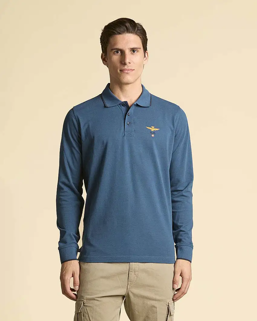 Polo manica lunga Aeronautica Militare ottanio in micro piquè di puro cotone con bordino blu