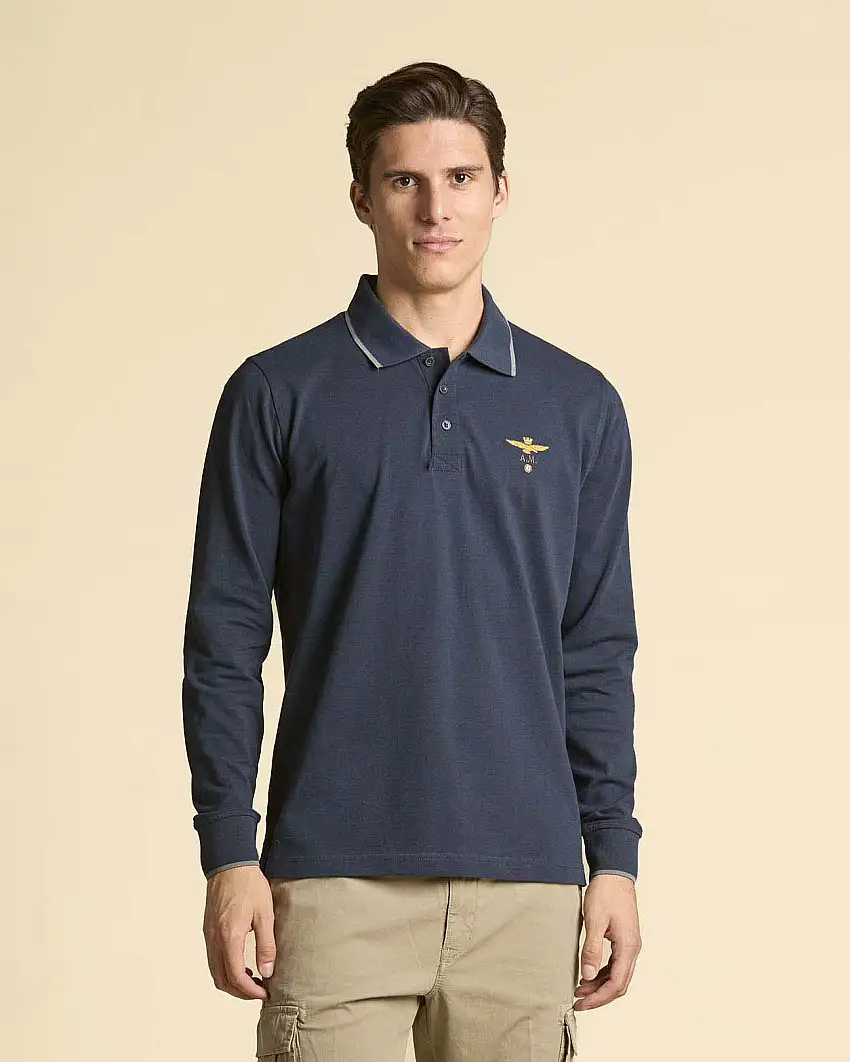 Polo manica lunga Aeronautica Militare blu in micro piquè di puro cotone con bordino grigio