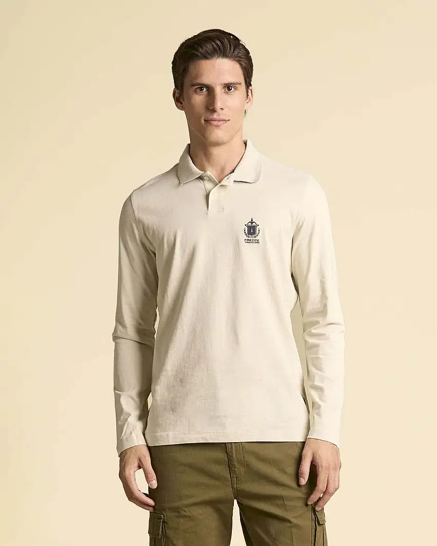 Polo manica lunga Aeronautica Militare beige in jersey di puro cotone con logo Frecce Tricolori