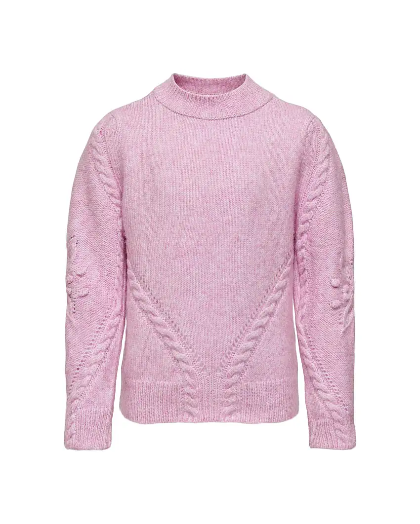 Maglia lupetto rosa melange con motivo punzonato e a trecce davanti e sulle maniche