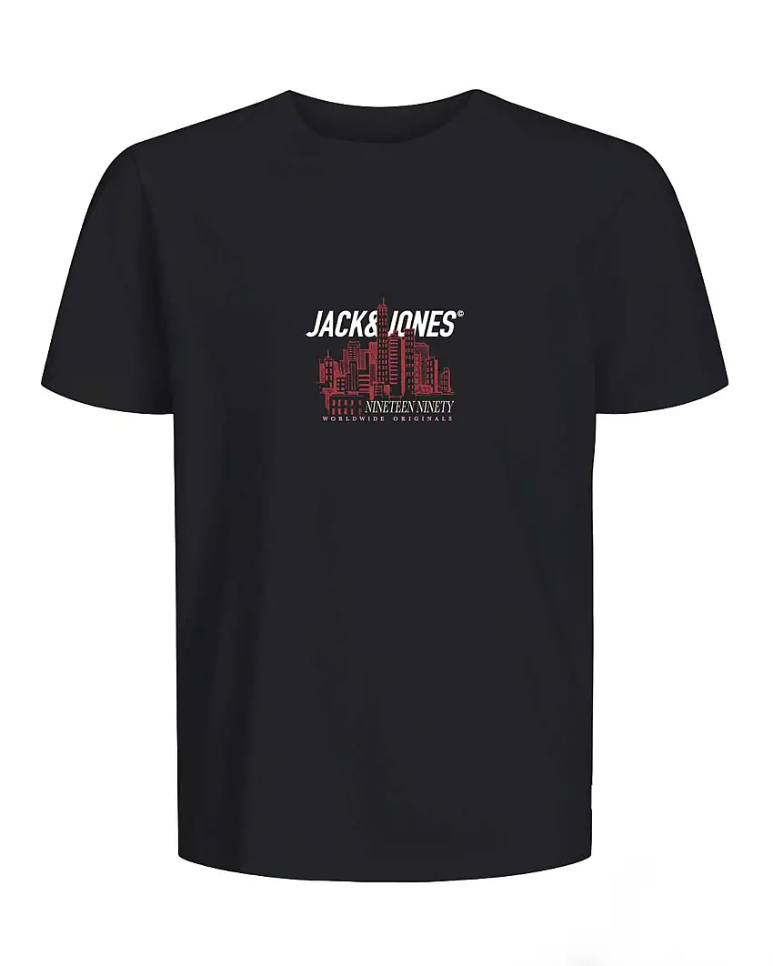 T-shirt Jack & Jones nera in puro cotone con skyline rosso