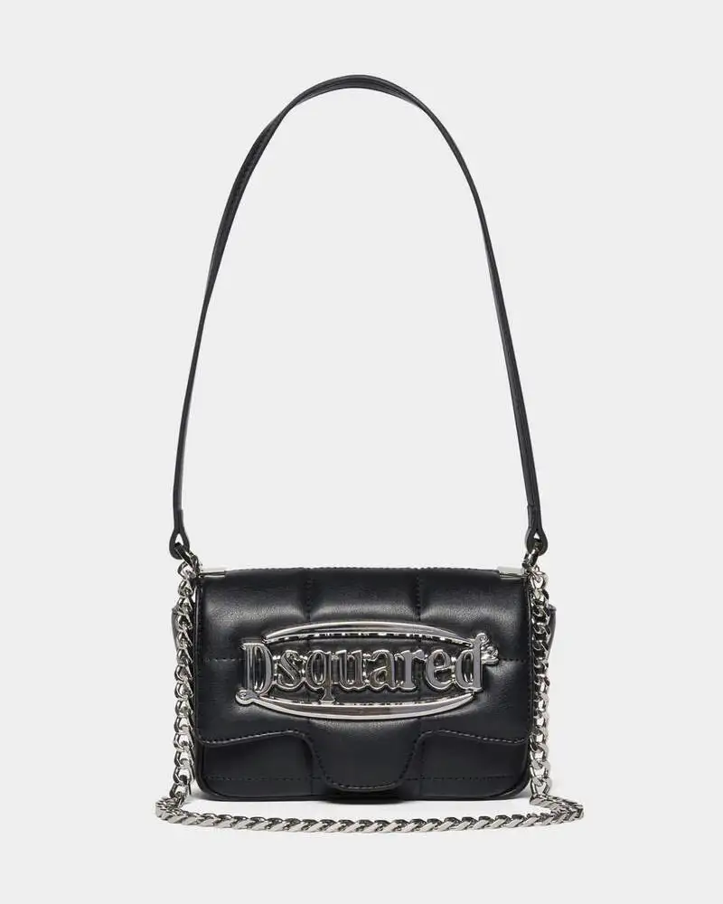 Borsa Dsquared2 nera trapuntata con tracolla e maxi logo color argento