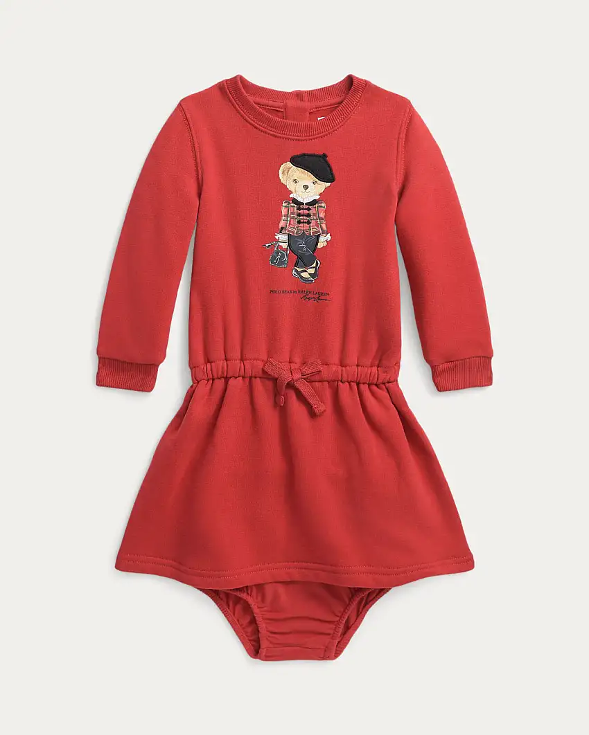 Abito Ralph Lauren rosso in felpa di cotone con ricamo Polo Bear