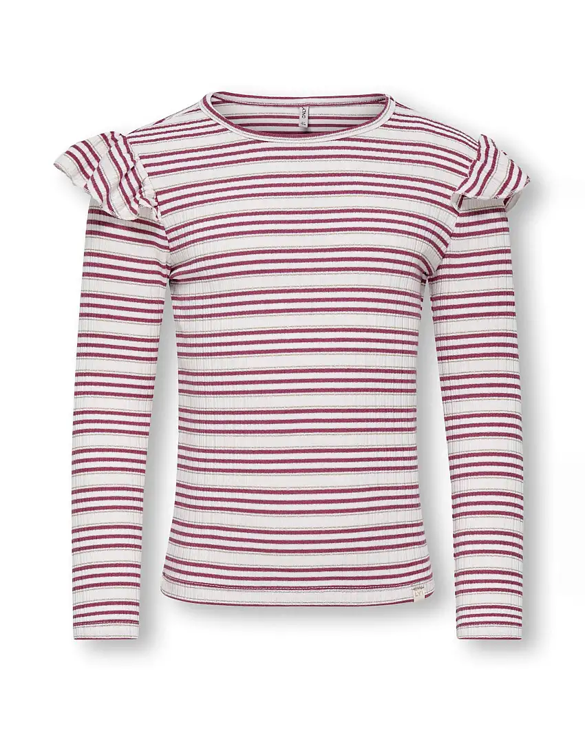 T-shirt Kids Only a maniche lunghe a righe avorio e bordeaux con volant