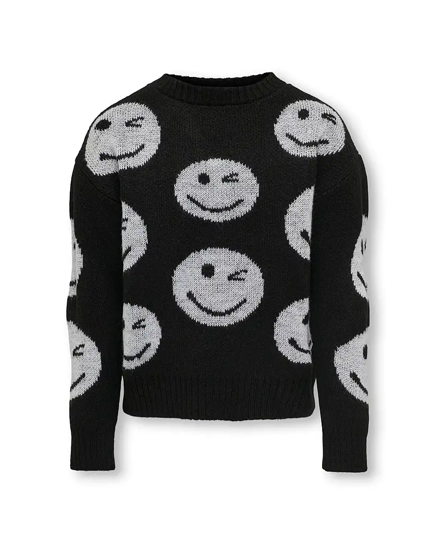 Maglia nera girocollo con maxi motivo a smile in contrasto