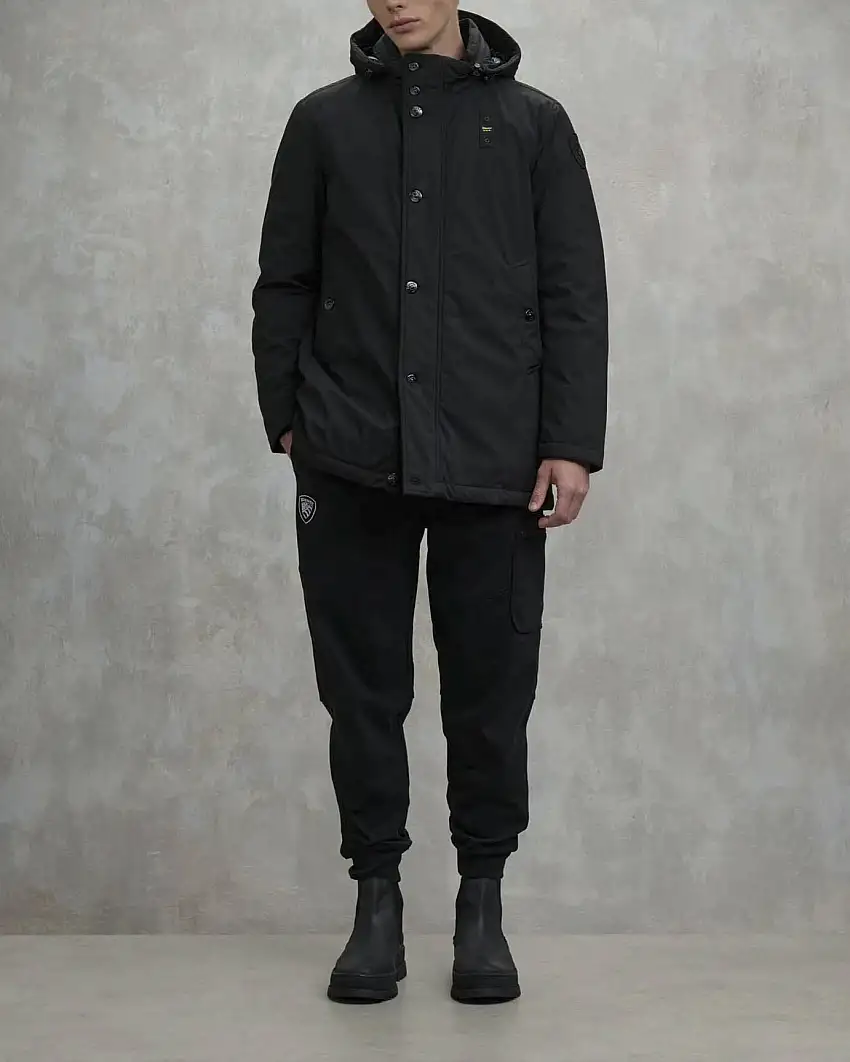 Parka Chester Blauer nero con cappuccio staccabile in neoprene tecnico stretch imbottito in piuma