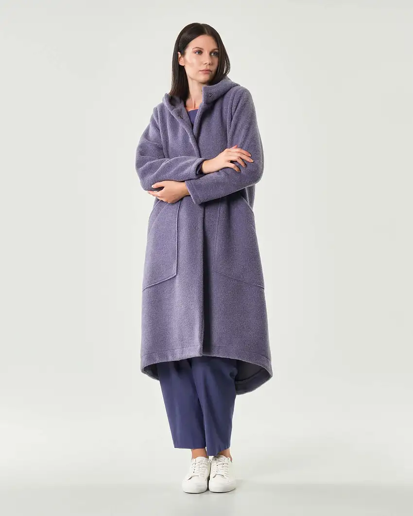 Cappotto lungo color malva Jurerê effetto lana cotta con cappuccio e fondo sul retro più lungo