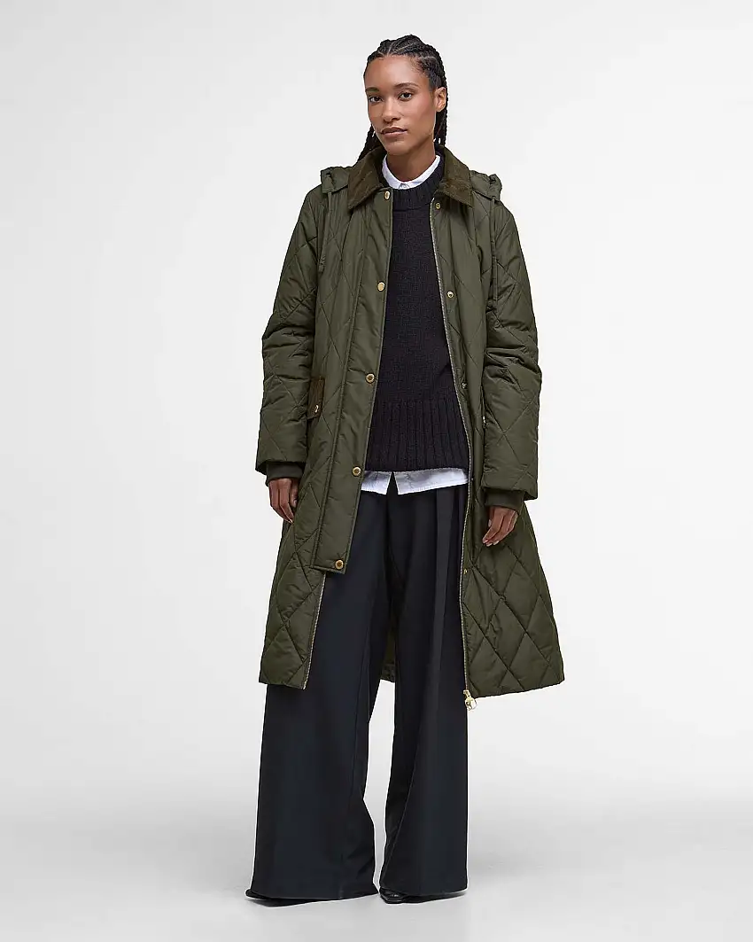 Giacca Barbour trapuntata Meredith Verde oliva con colletto in velluto a costine tono su tono e cappuccio rimovibile